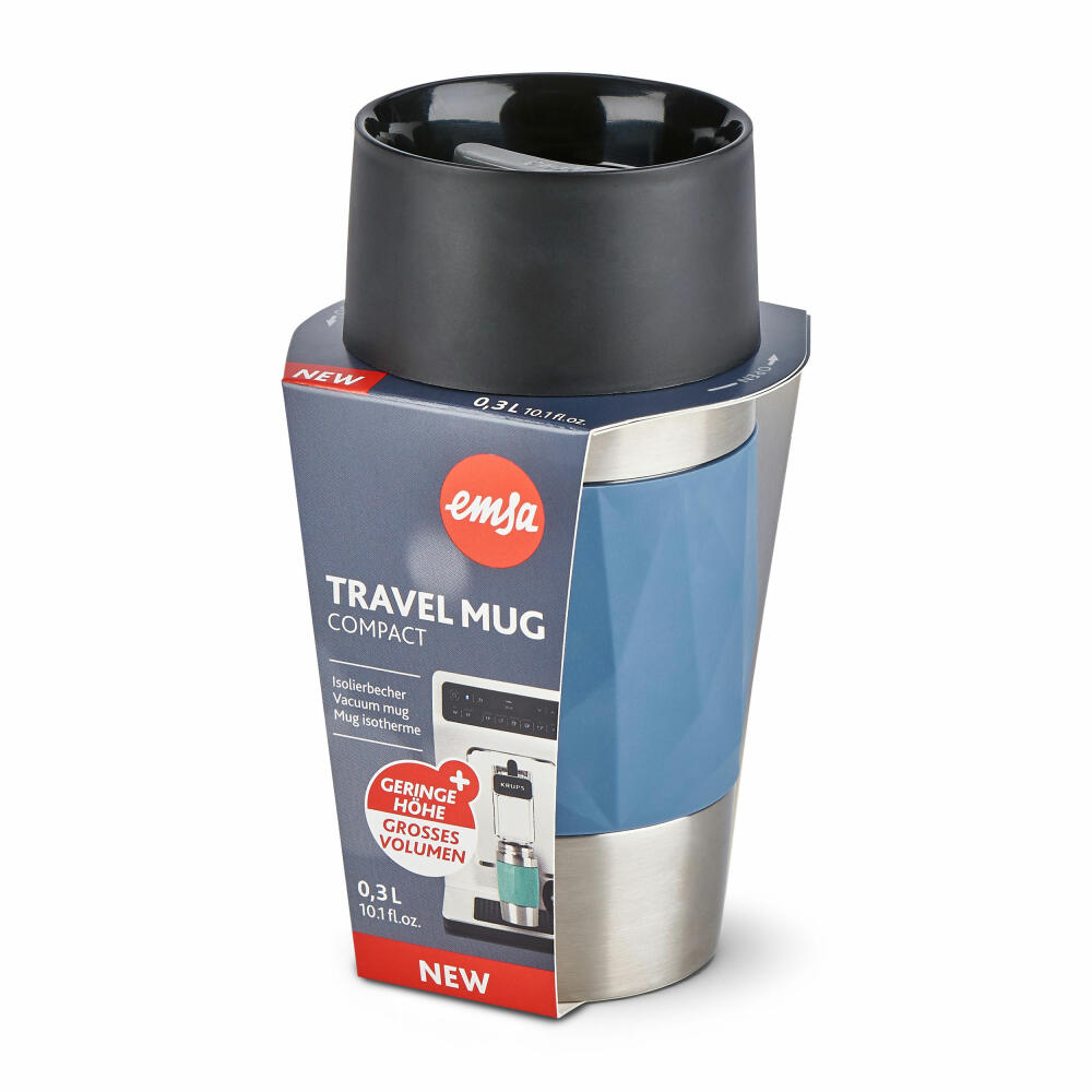 Emsa Isolierbecher Travel Mug Compact, Thermobecher, To-Go-Becher, Edelstahl, Blau, 300 ml, N2160200
