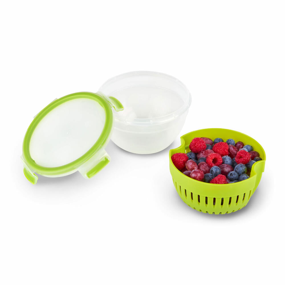 Emsa Frischhaltedose Clip & Go Fruit Bowl, Früchtedose mit Siebeinsatz, Kunststoff, Grün, 1.1 Liter, N1072200