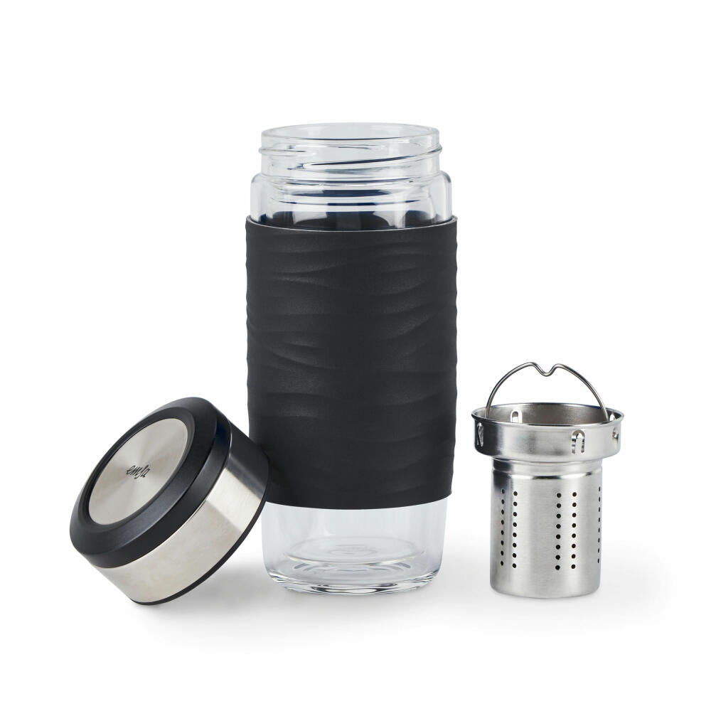 Emsa Teebecher Tea Mug, Teeglas mit Sieb, doppelwandiges Glas, Silikonmanschette, Schwarz, 400 ml , N2080300