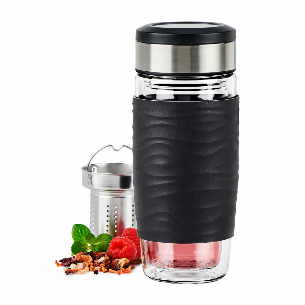 Emsa Teebecher Tea Mug, Teeglas mit Sieb, doppelwandiges Glas, Silikonmanschette, Schwarz, 400 ml , N2080300