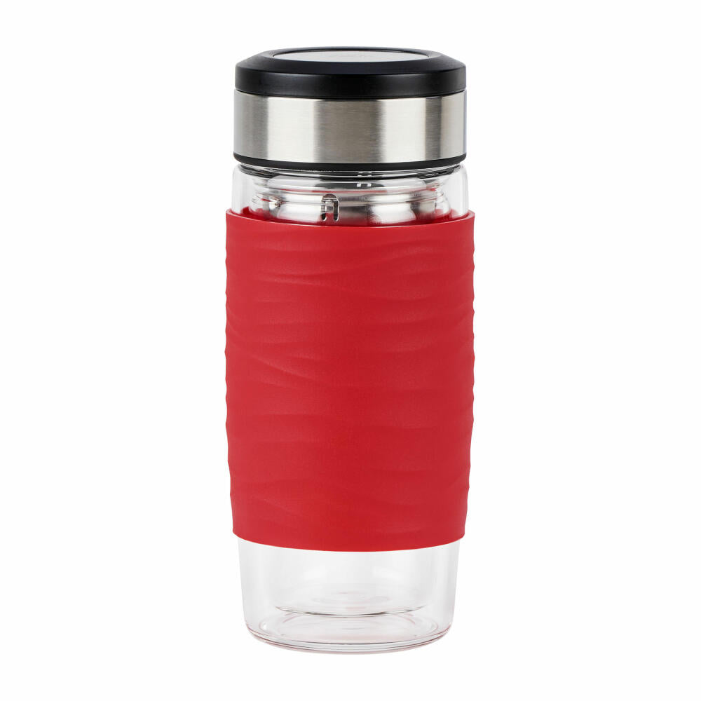 Emsa Teebecher Tea Mug, Teeglas mit Sieb, doppelwandiges Glas, Silikonmanschette, Rot, 400 ml , N2080400