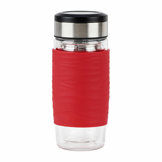 Emsa Teebecher Tea Mug, Teeglas mit Sieb, doppelwandiges Glas, Silikonmanschette, Rot, 400 ml , N2080400