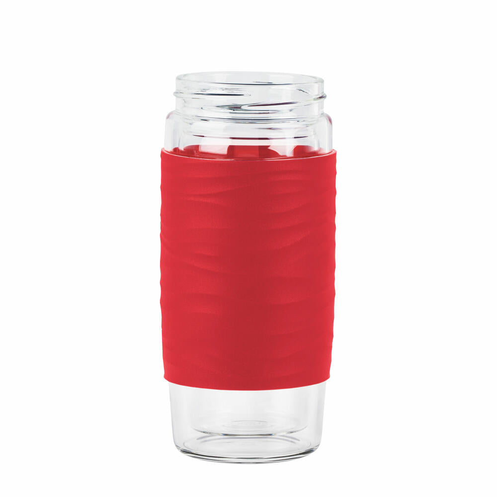 Emsa Teebecher Tea Mug, Teeglas mit Sieb, doppelwandiges Glas, Silikonmanschette, Rot, 400 ml , N2080400