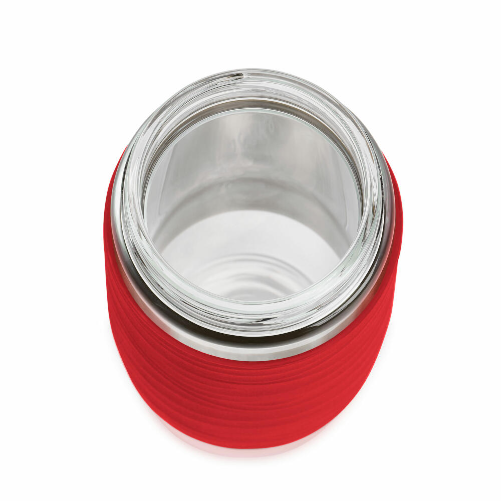 Emsa Teebecher Tea Mug, Teeglas mit Sieb, doppelwandiges Glas, Silikonmanschette, Rot, 400 ml , N2080400