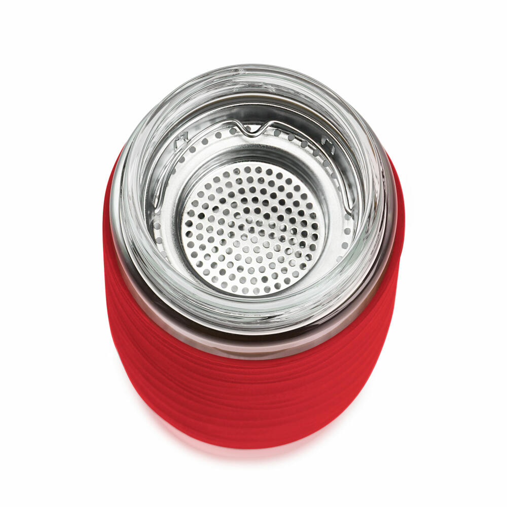 Emsa Teebecher Tea Mug, Teeglas mit Sieb, doppelwandiges Glas, Silikonmanschette, Rot, 400 ml , N2080400