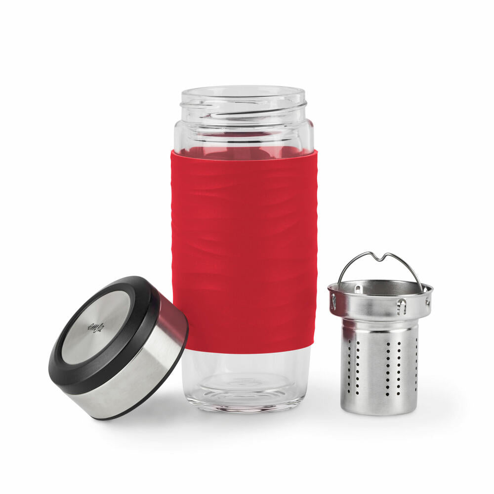 Emsa Teebecher Tea Mug, Teeglas mit Sieb, doppelwandiges Glas, Silikonmanschette, Rot, 400 ml , N2080400