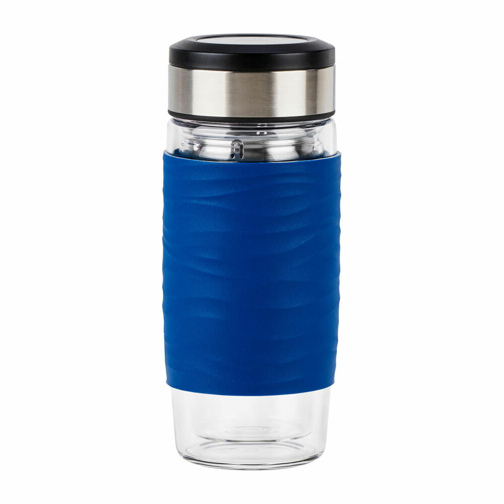 Emsa Teebecher Tea Mug, Teeglas mit Sieb, doppelwandiges Glas, Silikonmanschette, Blau, 400 ml , N2080500