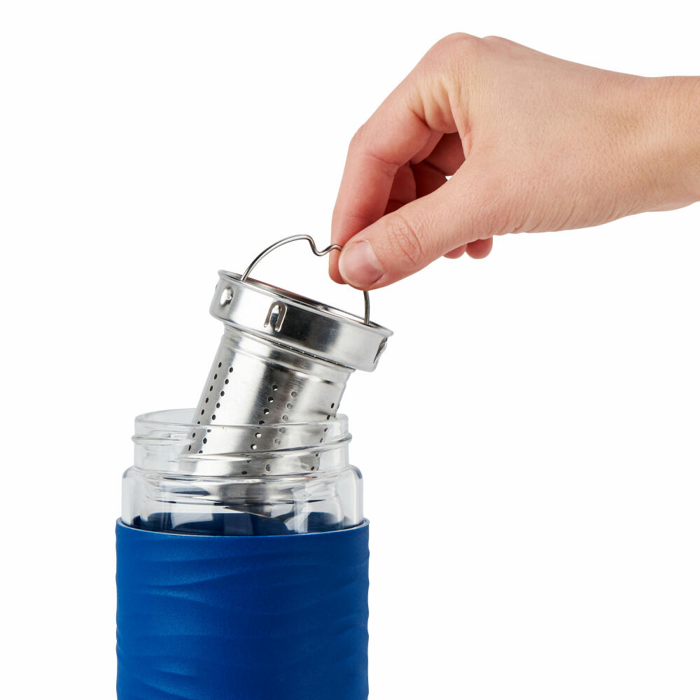 Emsa Teebecher Tea Mug, Teeglas mit Sieb, doppelwandiges Glas, Silikonmanschette, Blau, 400 ml , N2080500