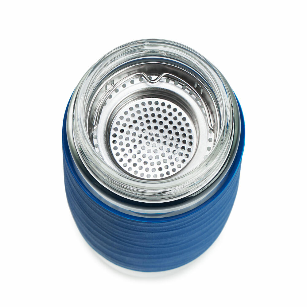 Emsa Teebecher Tea Mug, Teeglas mit Sieb, doppelwandiges Glas, Silikonmanschette, Blau, 400 ml , N2080500