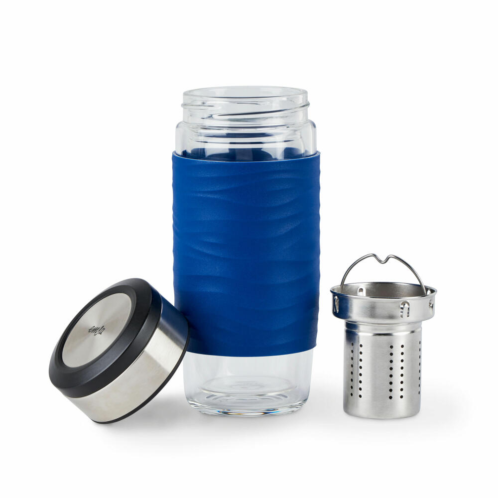 Emsa Teebecher Tea Mug, Teeglas mit Sieb, doppelwandiges Glas, Silikonmanschette, Blau, 400 ml , N2080500