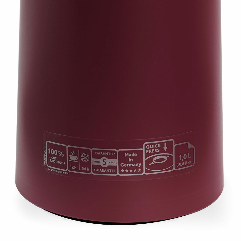 EMSA Motiva Isolierkanne, Isokanne, Kanne, Kaffeekanne, Edelstahl, Glas-Isolierkolben, Weinrot, 1 L, N41702