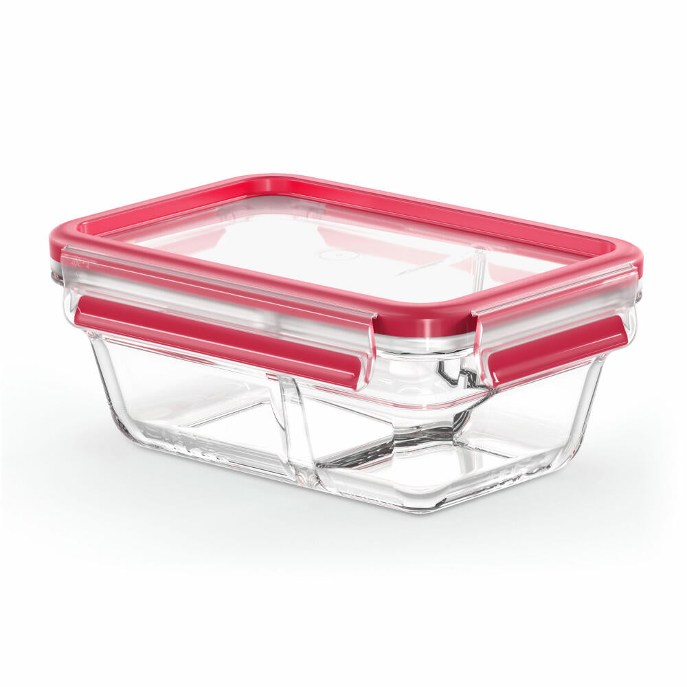 EMSA Clip &amp; Close GLASS food storage container, with divider, storage container, storage jar, transparent / red, 0.8 L, N10407