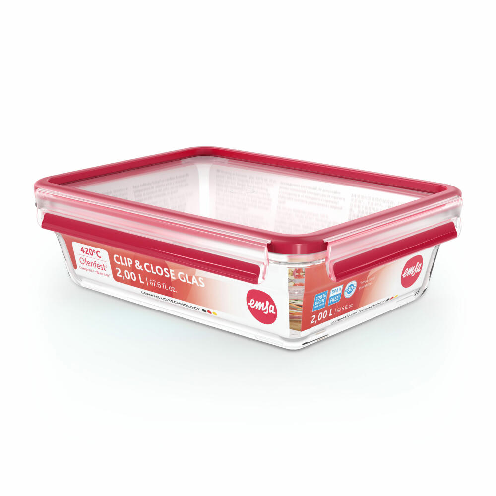 EMSA Clip &amp; Close GLAS food storage container, storage container, transparent / red, 2 L, N10411