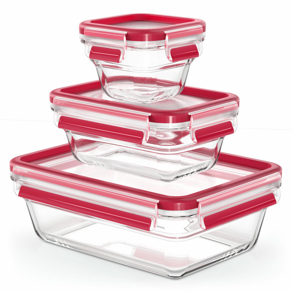 EMSA Clip &amp; Close GLASS food storage containers, 3-piece, food storage container, storage container, transparent / red, 0.18 L / 0.45 L / 1.3 L, N10508