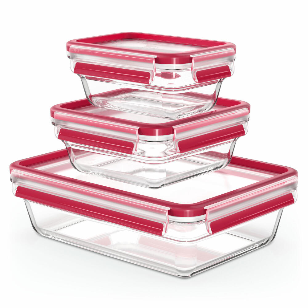 EMSA Clip &amp; Close GLASS food storage containers, 3-piece, food storage container, storage container, transparent / red, 0.45 L / 0.8 L / 2 L, N10509