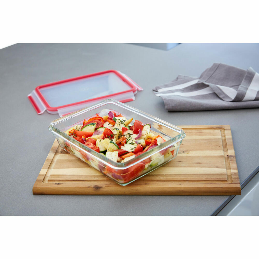 EMSA Clip &amp; Close GLASS food storage container, with divider, storage container, storage jar, transparent / red, 0.8 L, N10407