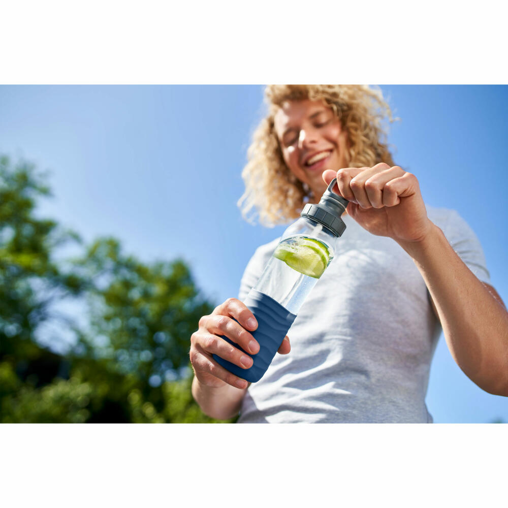 EMSA Drink2Go Glas-Trinkflasche, Wasserflasche, Flasche, Glas / Silikon, Dunkelblau, 0.7 L, N31006