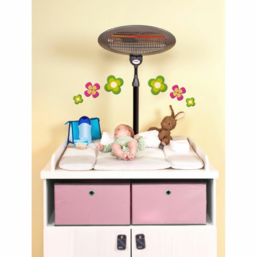 reer changing table radiant heater with stand, radiant heater, standing unit, baby heat lamp, 1 heat setting, anti-tilt device, black, 1909