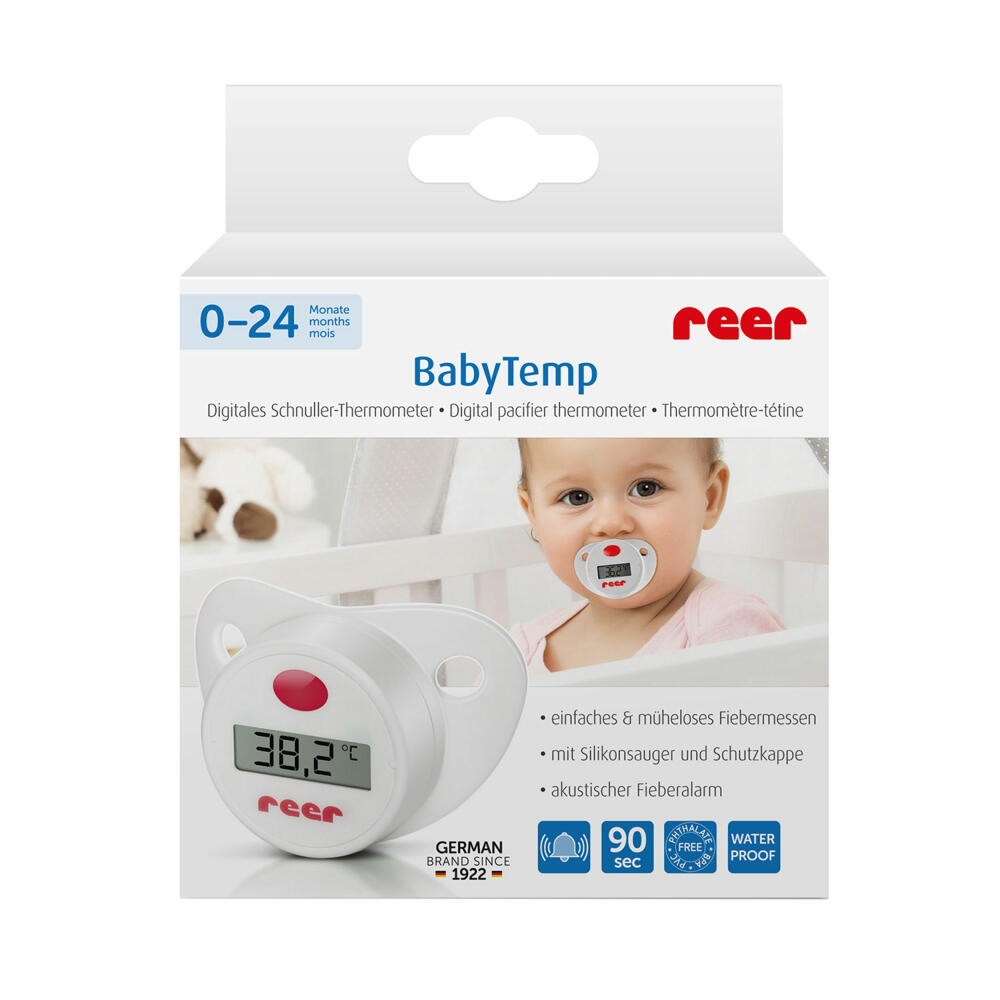 reer Digitales Schnuller-Fieberthermometer, Thermometer Digital, Fieber Messgerät, Temperaturmessung für Babys, 9633