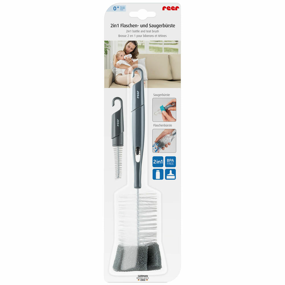 reer 2in1 Flaschen- und Saugerbürste, Reinigungsbürste, Bürste, Fläschen, Spülbürste, Schwamm, Grau / Weiß, 21031