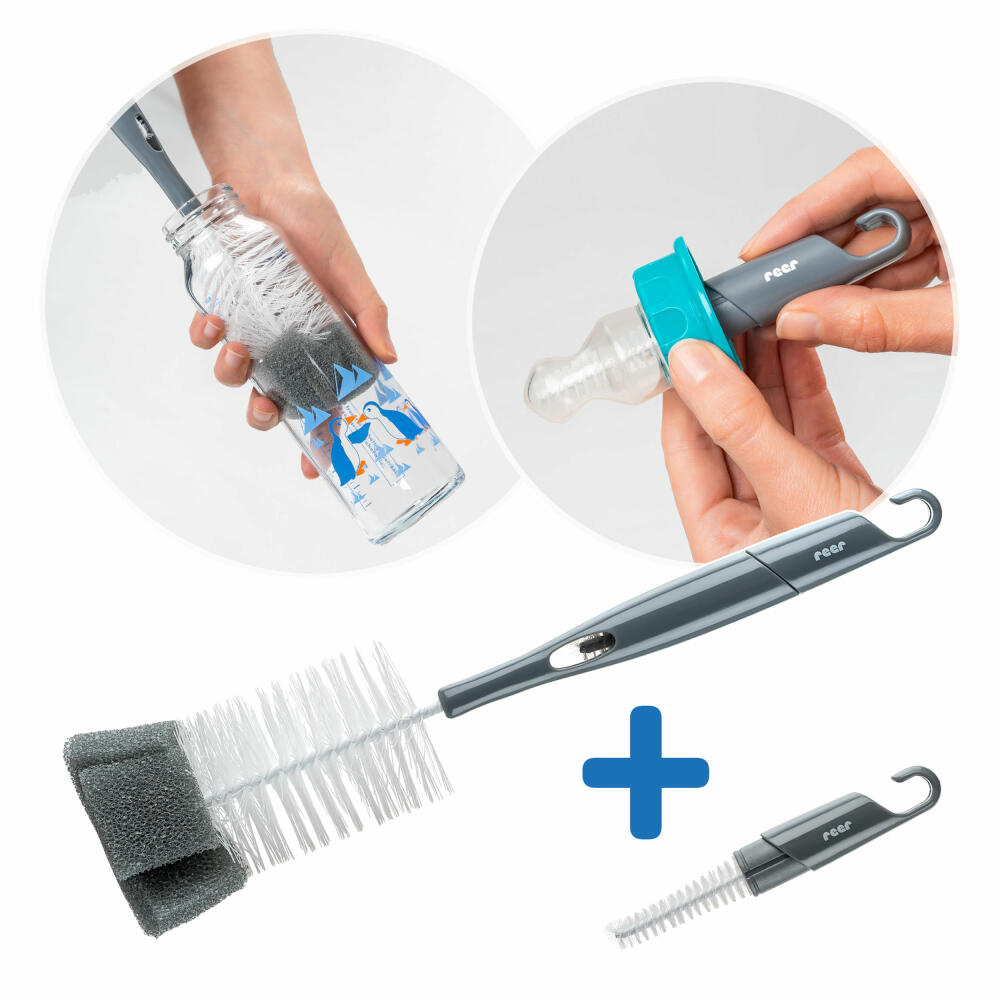 reer 2in1 Flaschen- und Saugerbürste, Reinigungsbürste, Bürste, Fläschen, Spülbürste, Schwamm, Grau / Weiß, 21031