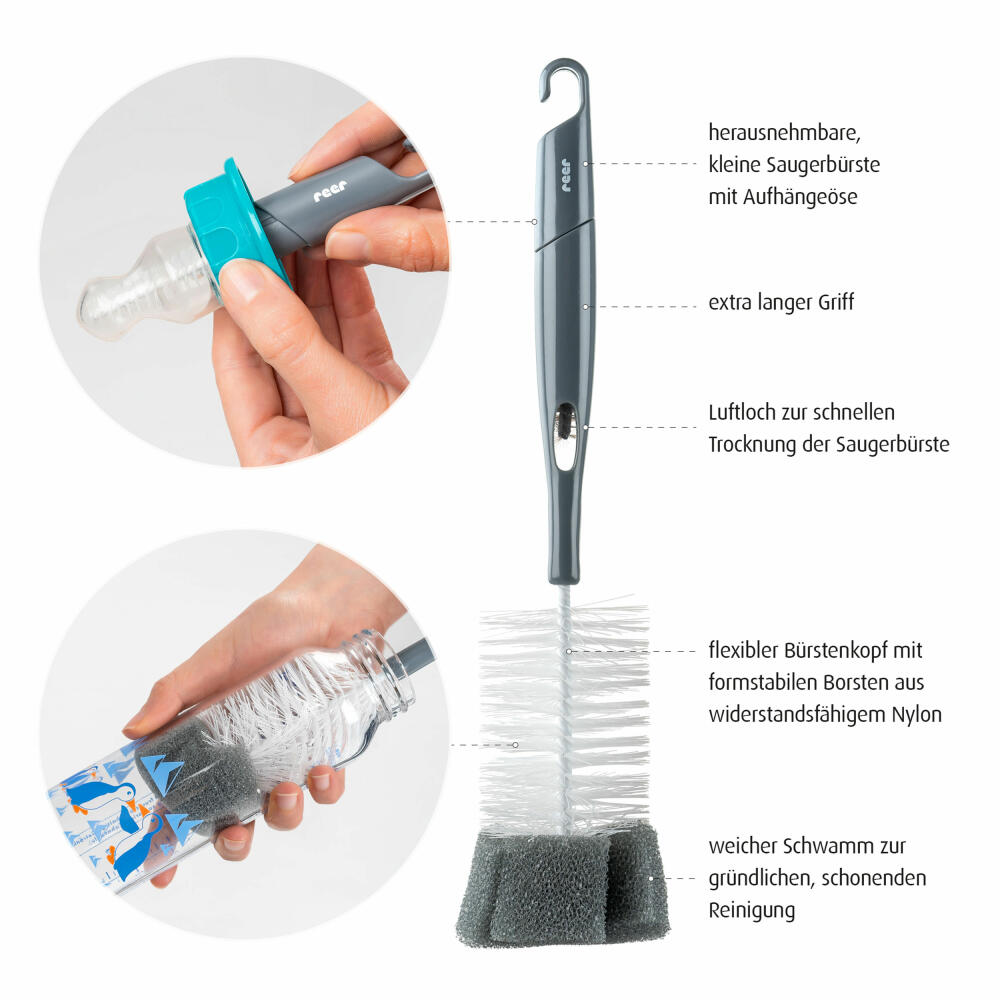 reer 2in1 Flaschen- und Saugerbürste, Reinigungsbürste, Bürste, Fläschen, Spülbürste, Schwamm, Grau / Weiß, 21031