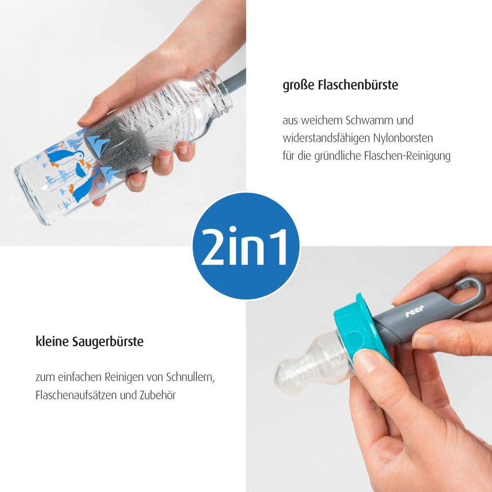 reer 2in1 Flaschen- und Saugerbürste, Reinigungsbürste, Bürste, Fläschen, Spülbürste, Schwamm, Grau / Weiß, 21031