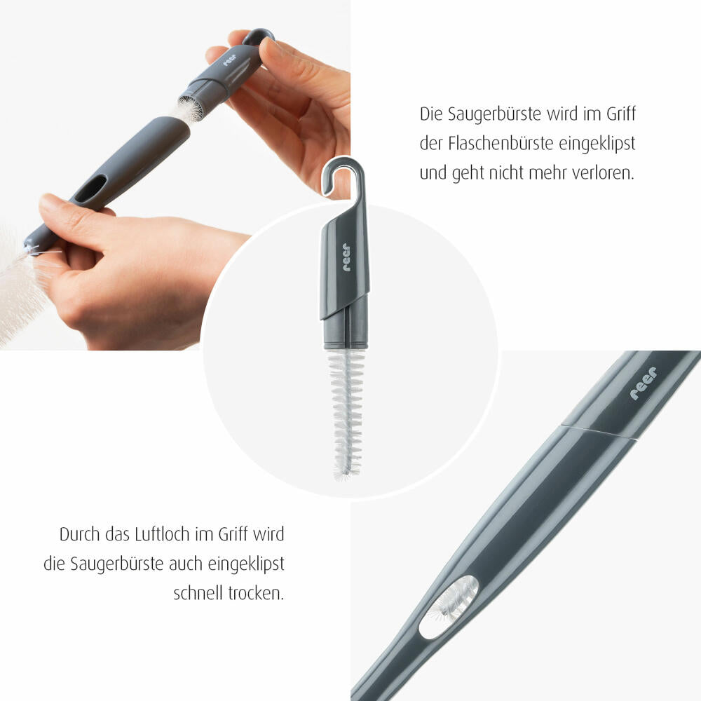 reer 2in1 Flaschen- und Saugerbürste, Reinigungsbürste, Bürste, Fläschen, Spülbürste, Schwamm, Grau / Weiß, 21031