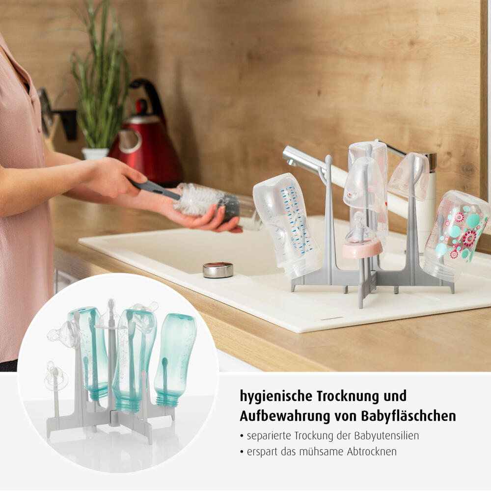 reer Trockenständer für Babyflaschen, Abtropfgestell, Falschenhalter, Flaschenständer, Kunststoff, Grau, 21041