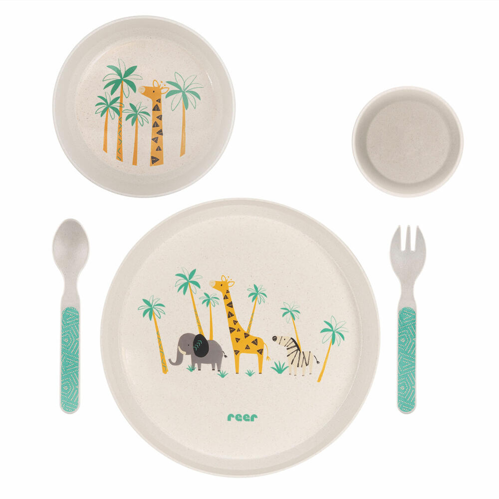 reer Growing Geschirr-Set WildLife, 5-tlg., Kindergeschirr, Teller, Löffel, Gabel, Becher, Schale, 22010