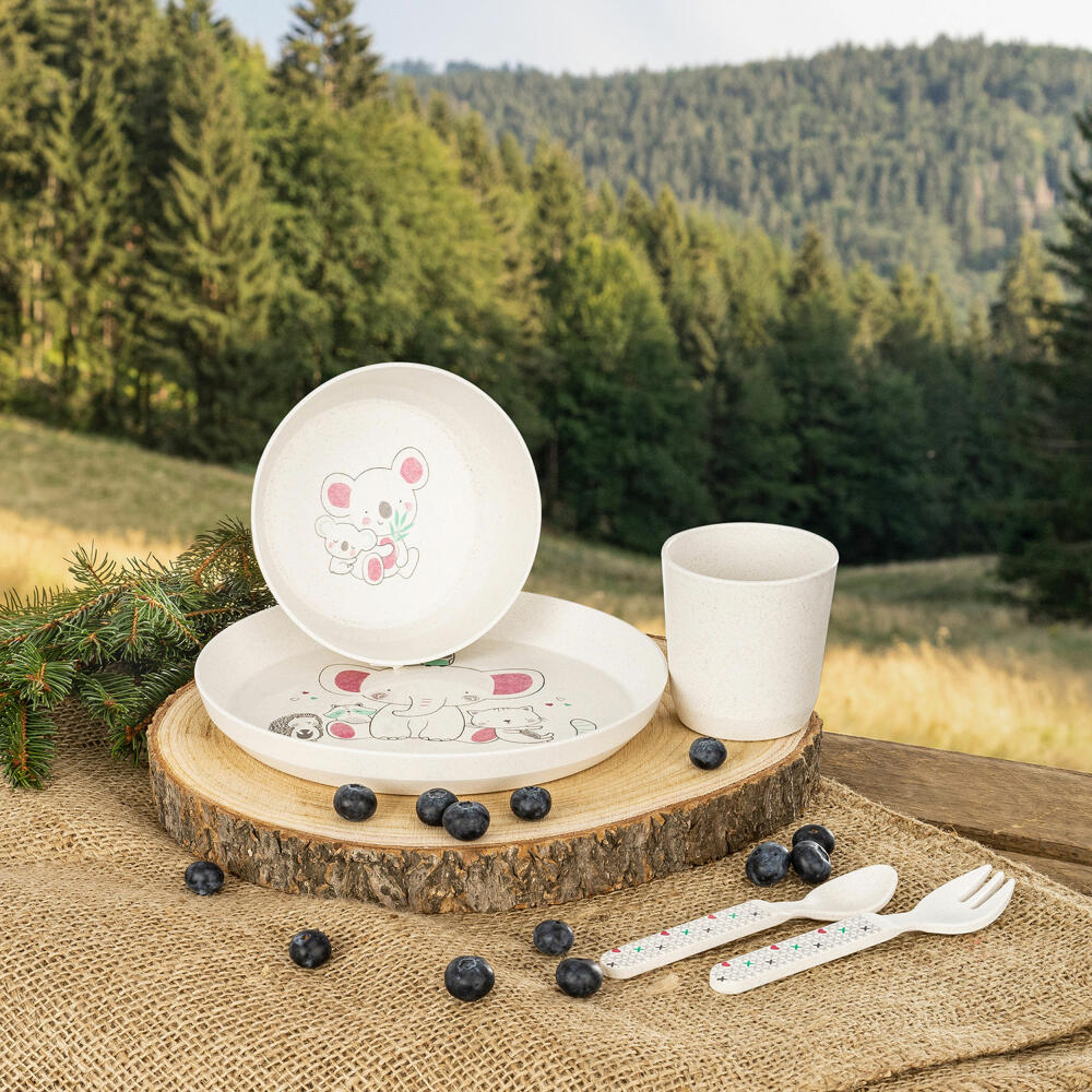 reer Growing Geschirr-Set LovelyFriends, 5-tlg., Kindergeschirr, Teller, Löffel, Gabel, Becher, Schale, 22020