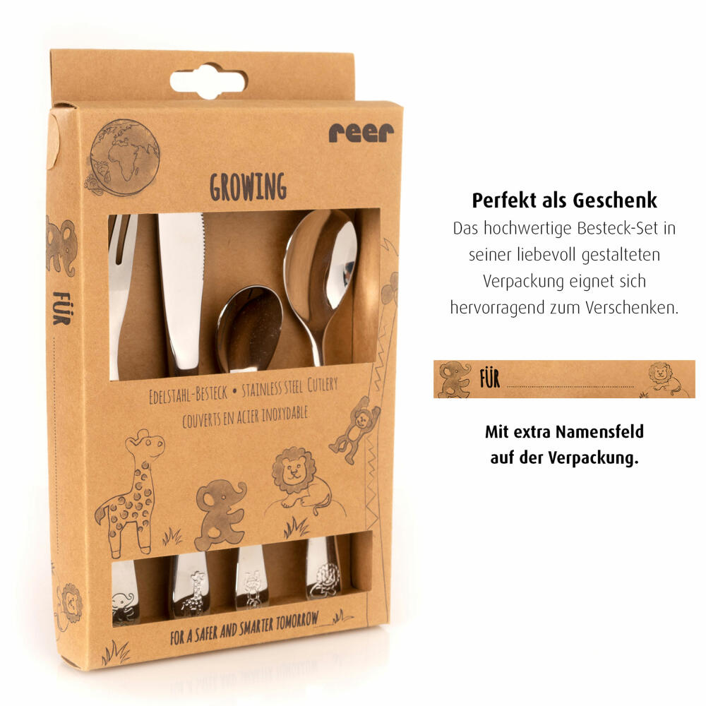reer Growing Edelstahl-Besteck, 4-tlg., Kinder Besteck, Messer, Löffel, Gabel, Edelstahl, 22238