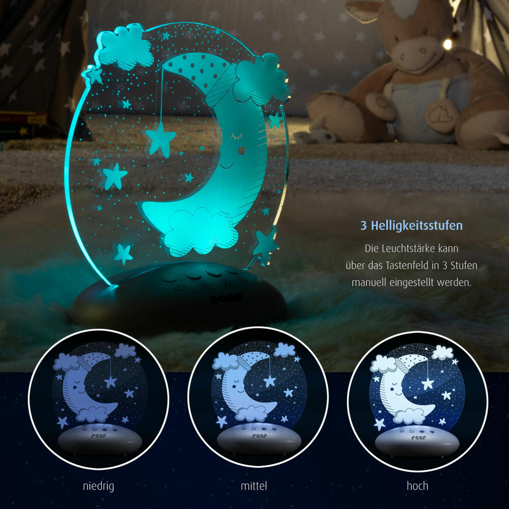 reer ColourLumy Moon calming light, night light for children, slumber light, lamp, colour change, timer function, acrylic glass panel, grey, 52121