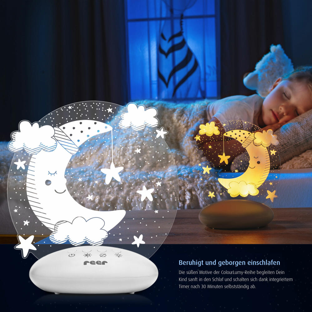 reer ColourLumy Moon calming light, night light for children, slumber light, lamp, colour change, timer function, acrylic glass panel, grey, 52121