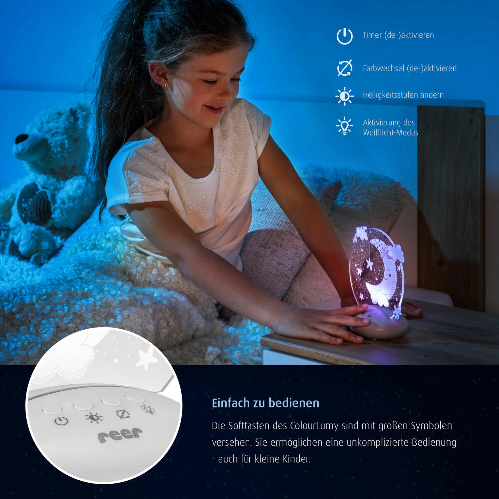 reer ColourLumy Moon calming light, night light for children, slumber light, lamp, colour change, timer function, acrylic glass panel, grey, 52121