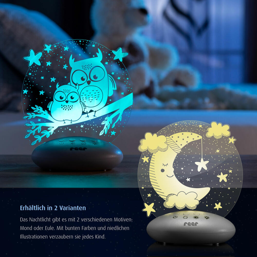 reer ColourLumy Moon calming light, night light for children, slumber light, lamp, colour change, timer function, acrylic glass panel, grey, 52121