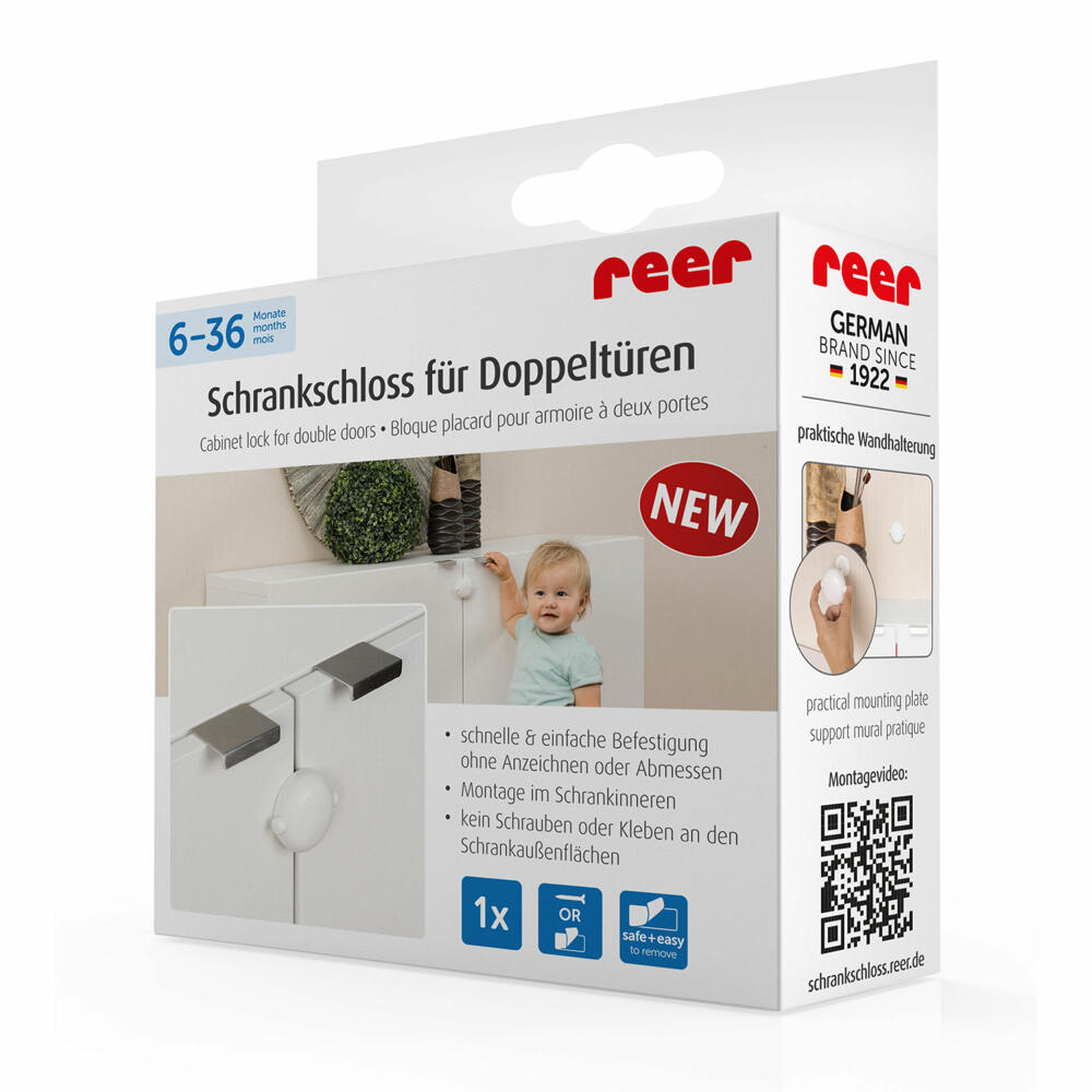 reer Schrankschloss für Doppeltüren, Schrank Schloss, Kindersicherung, Schranksicherung, Baby Sicherheit, Kinder Schutz, 71020
