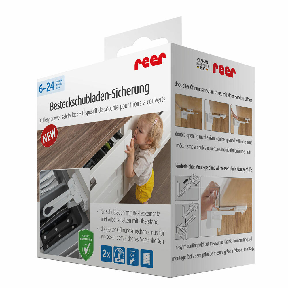reer Besteckschubladen-Sicherung, 2er Set, Schubladensicherung, Kindersicherung, Kinder Sicherung, Weiß, 71090