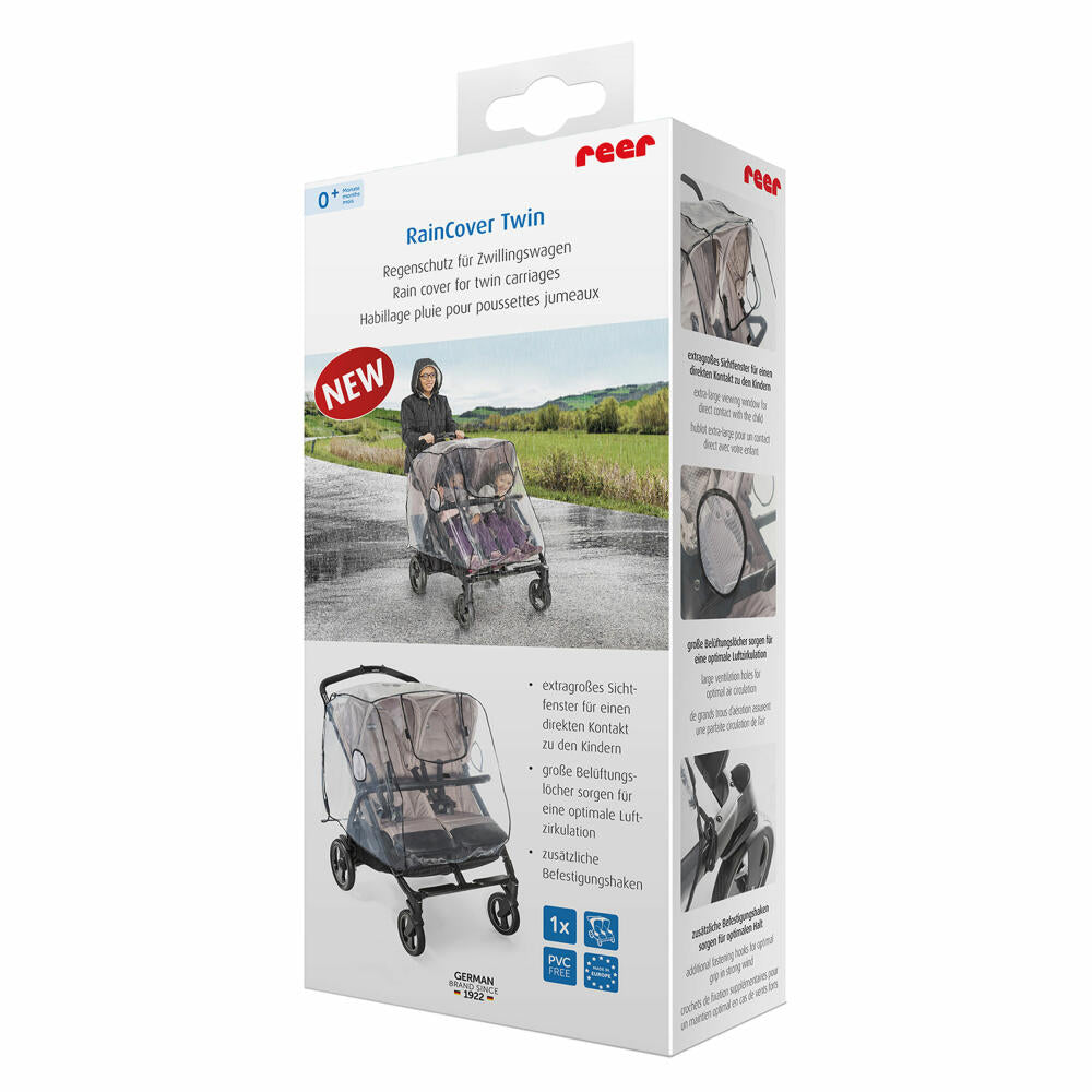 reer RainCover Twin Regenschutz für Zwillingswagen, Regenverdeck, Regenhaube, Kinderwagen, 71584