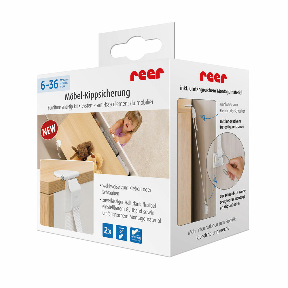reer Möbel-Kippsicherung, 2er Set, Kippschutz, Kindersicherung, Sicherung Kinder, Sicherheit, Weiß, 73020