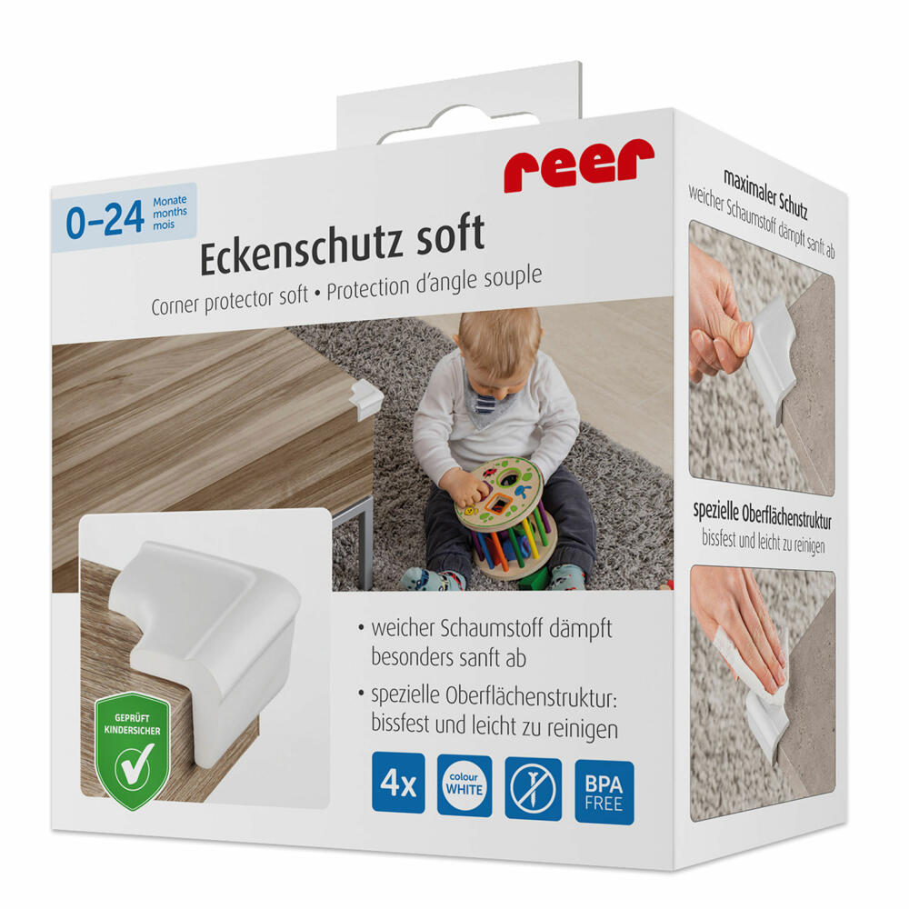 reer Eckenschutz Soft, 4er Set, Ecken Schutz, Kantenschutz, Stoßschutz, Kinder Sicherung, Weiß, 82030