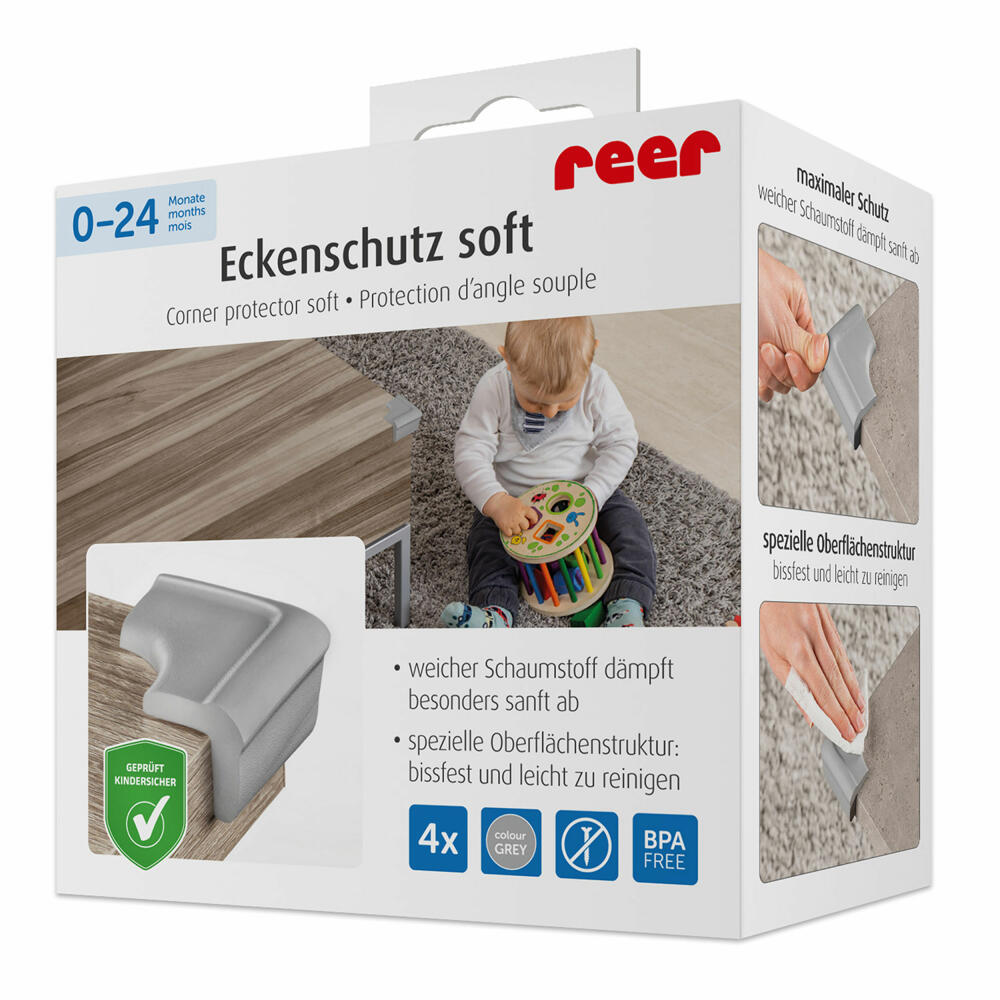 reer Eckenschutz Soft, 4er Set, Ecken Schutz, Kantenschutz, Stoßschutz, Kinder Sicherung, Grau, 82031