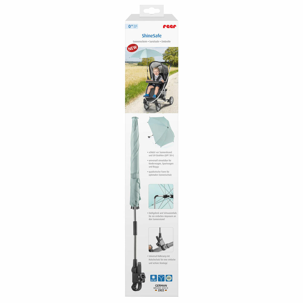 reer ShineSafe Kinderwagen-Sonnenschirm, Sonnen Schirm, Sonnenschutz, UV Schutz, Kinderwagen, Mint, 84173