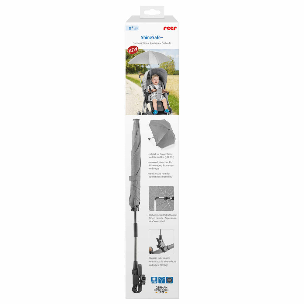 reer ShineSafe Kinderwagen-Sonnenschirm, Sonnen Schirm, Sonnenschutz, UV Schutz, Kinderwagen, Grau Melange, 84181