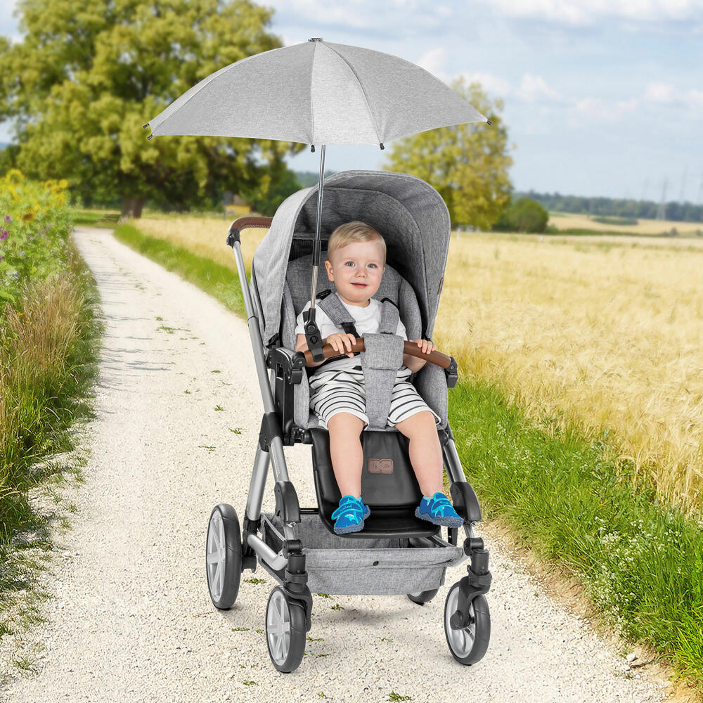 reer ShineSafe Kinderwagen-Sonnenschirm, Sonnen Schirm, Sonnenschutz, UV Schutz, Kinderwagen, Grau Melange, 84181