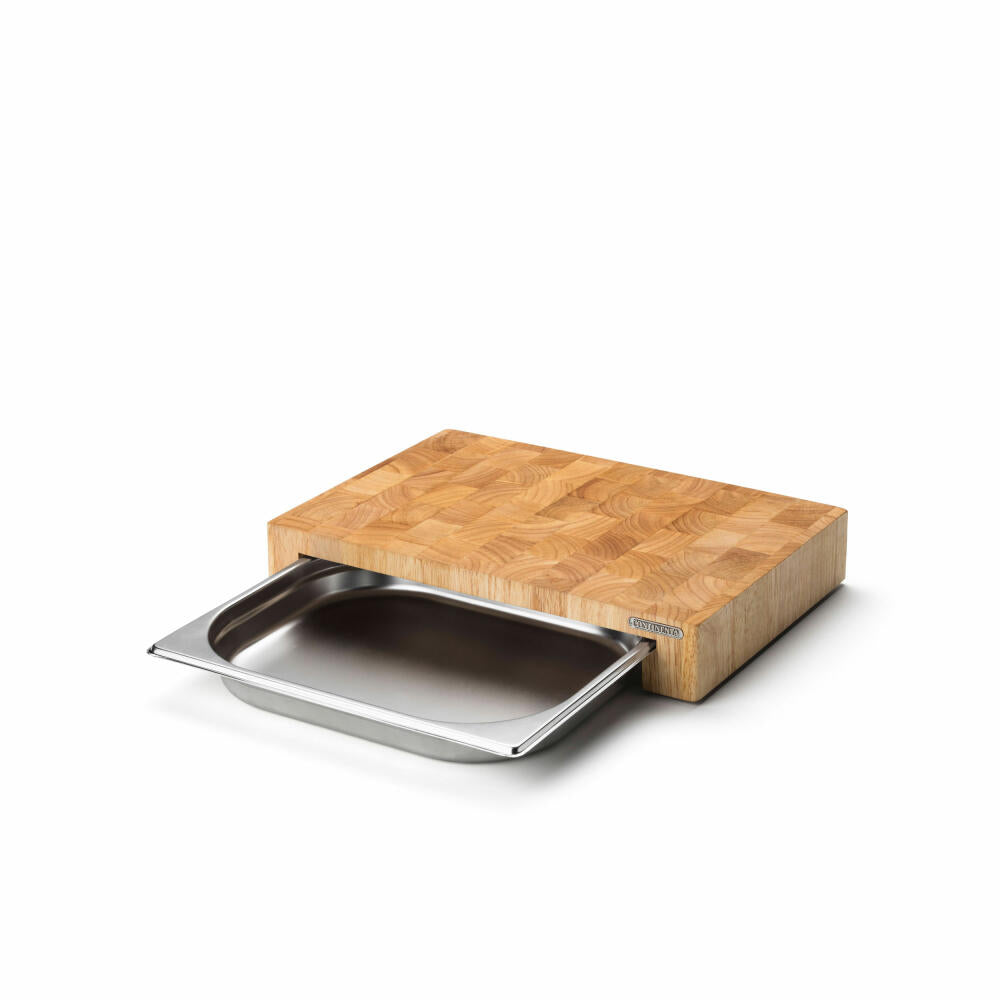 Continenta cutting board end grain with stainless steel drawer, kitchen board, breakfast board, rubberwood, stainless steel, 39 x 27 x 6.5 cm, 4026