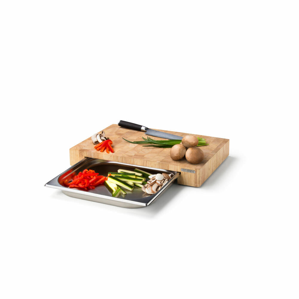Continenta cutting board end grain with stainless steel drawer, kitchen board, breakfast board, rubberwood, stainless steel, 48 x 32.5 x 6.5 cm, 4027