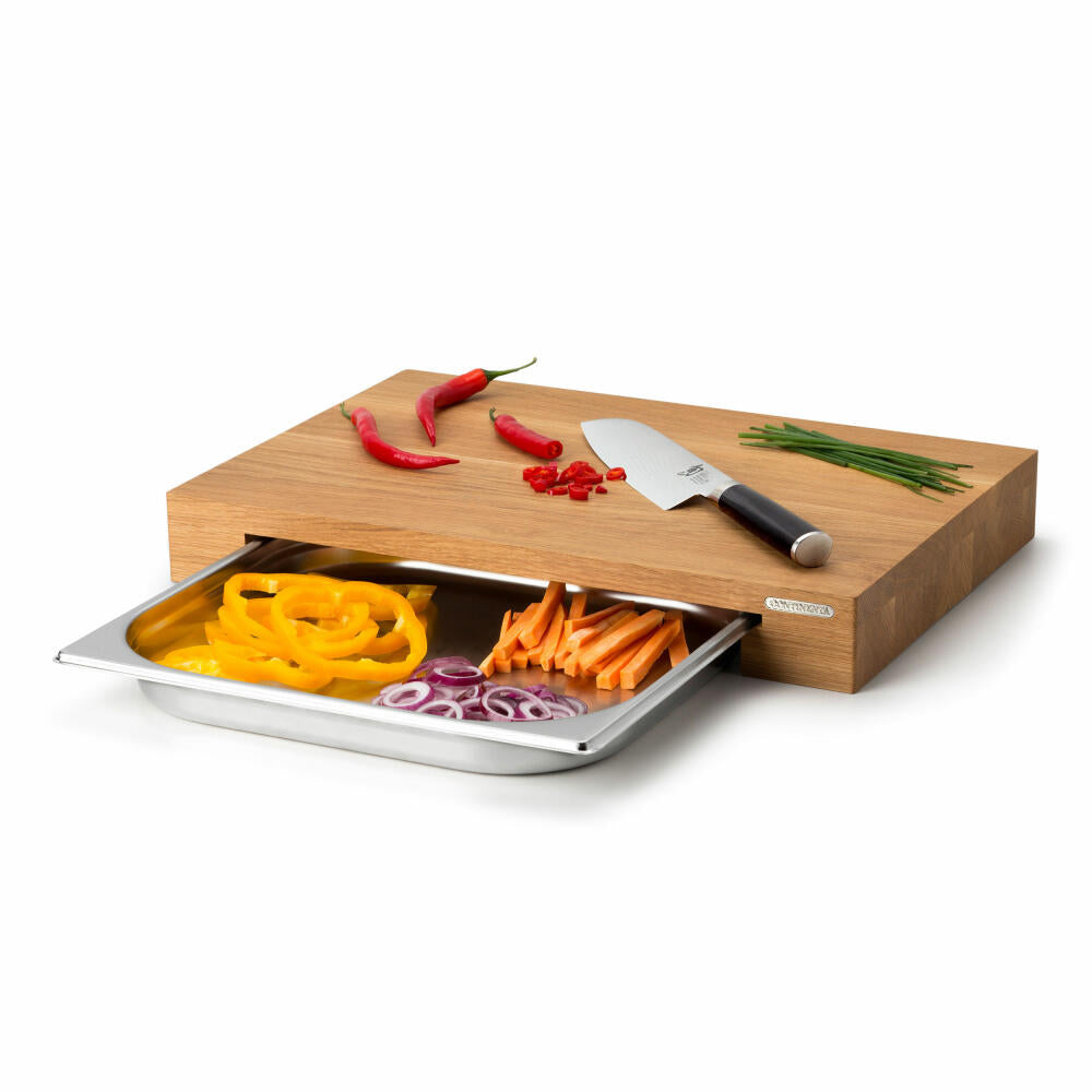 Continenta Schneidebrett mit Schublade, Küchenbrett, Servierbrett, Auffangschale, Eichenholz, 48 x 32.5 cm, 4111