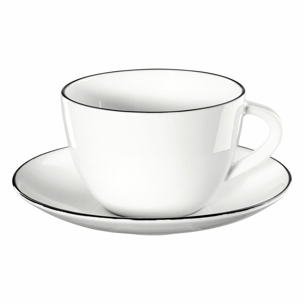 ASA Selection Ligne Noire Kaffeetasse mit Untere / Untertasse, Schwarze Linie, Fine Bone China, Warmes Weiß, 210 ml, 1912113