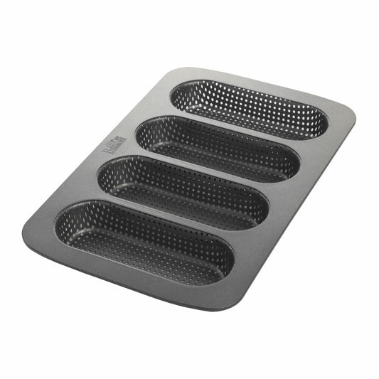 Birkmann Laib und Seele, Backform für Hot Dog Brötchen, Brotbackform, 4-fach, Stahlblech, Schwarz, 35 x 22 x 3 cm, 210394